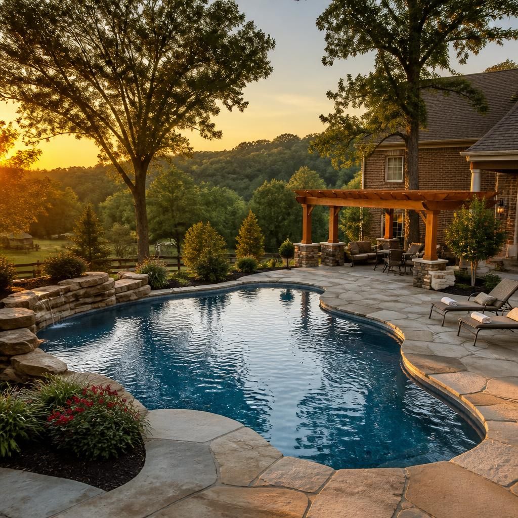 Clarksville, TN backyard pool at sunset Sunset over a sparkling inground swimming pool serviced by Clarksville Pool & Leisure in Clarksville, Tennessee