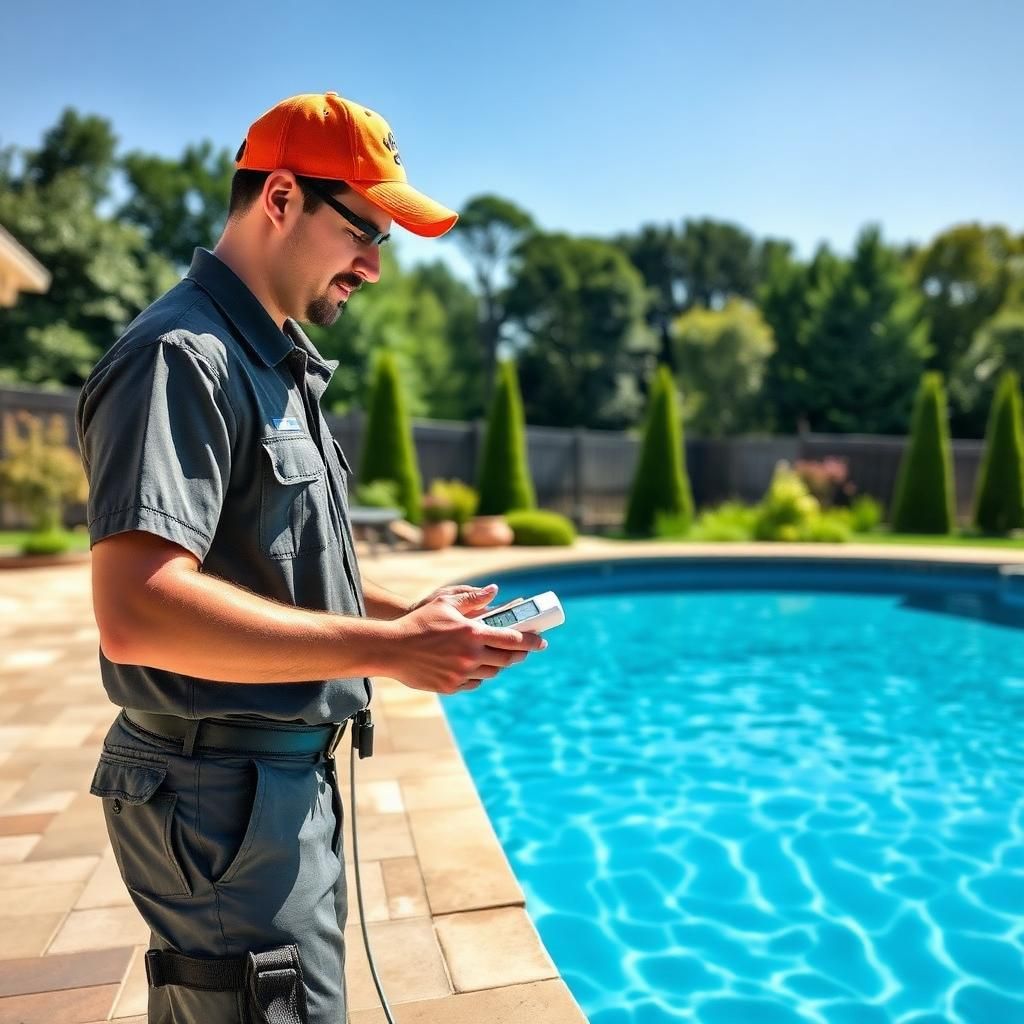 On-site weekly pool service in Clarksville, TN Clarksville Pool & Leisure technician testing pool water at a Clarksville, TN backyard inground pool
