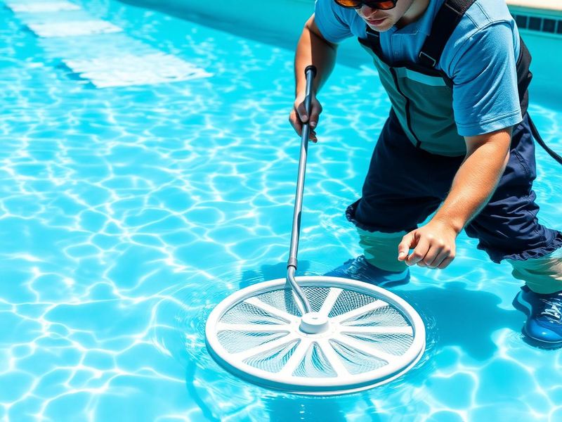 Weekly pool maintenance in Clarksville, TN Pool technician skimming a clean backyard inground pool during a weekly maintenance visit in Clarksville, TN