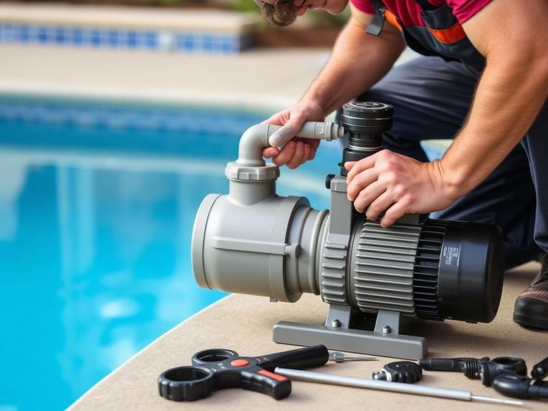 Pool repairs and equipment service Pool pump, filter, and equipment being serviced by a Clarksville Pool & Leisure technician